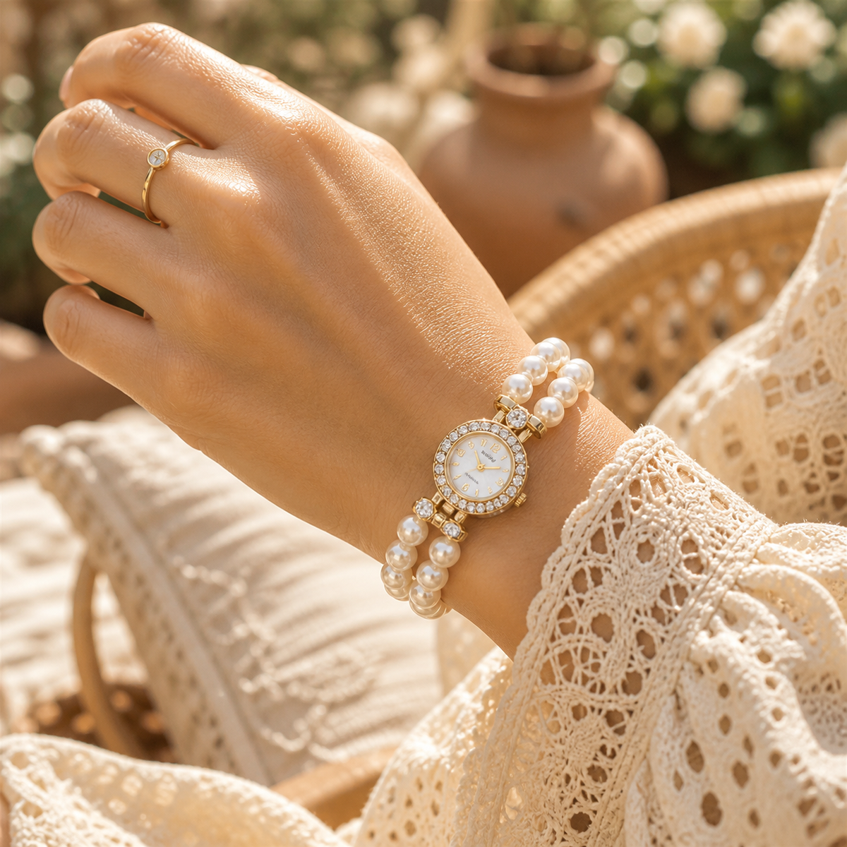 Double-Row Pearl Watch Bracelet