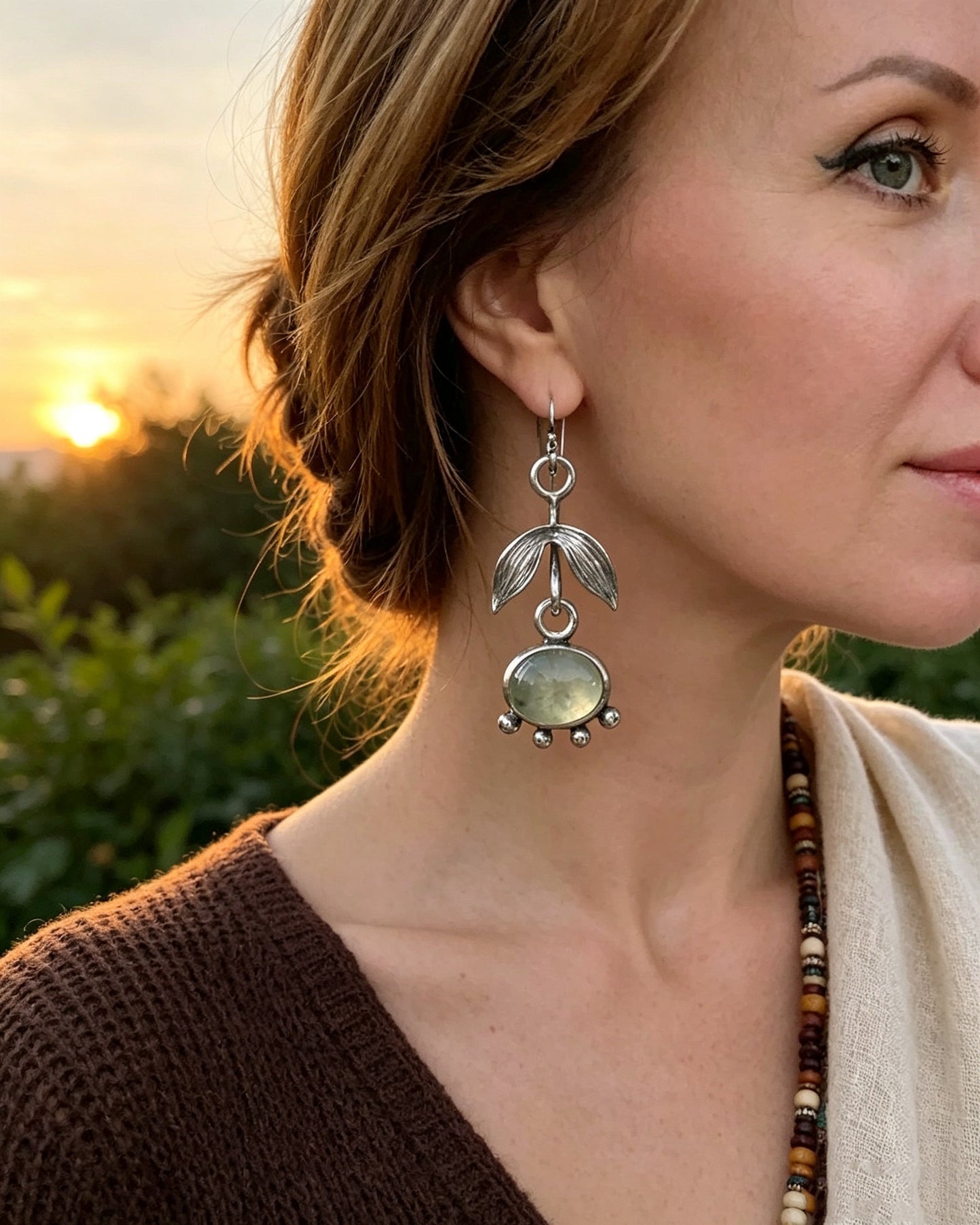 Leaf-Shaped Eat's Eye Stone Earrings