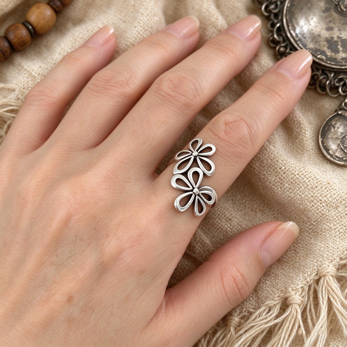 Hollowed-out Flower-shaped Open Ring