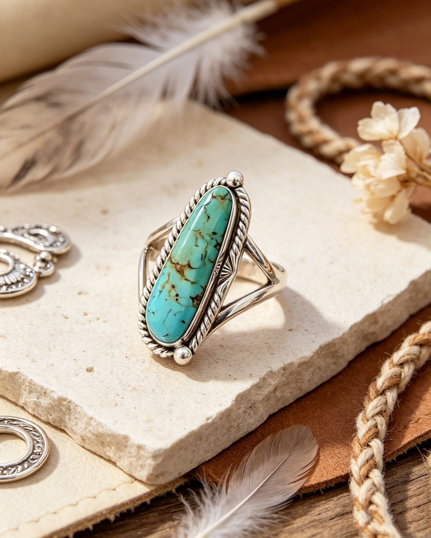 Waterdrop-shaped Turquoise Patterned Ring