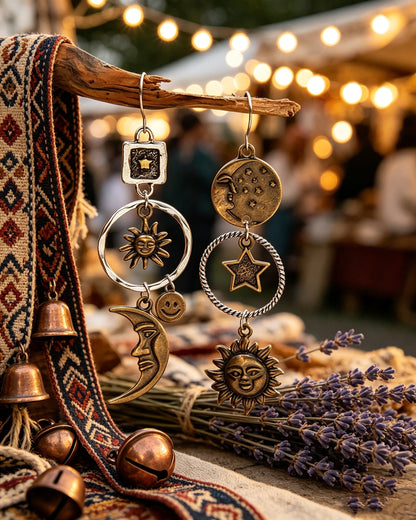 Five-Pointed Star Sun & Moon Earrings
