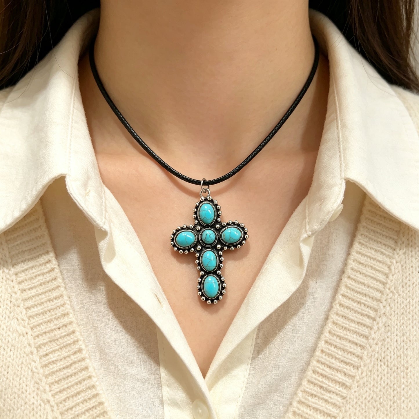 Retro Turquoise Cross Necklace