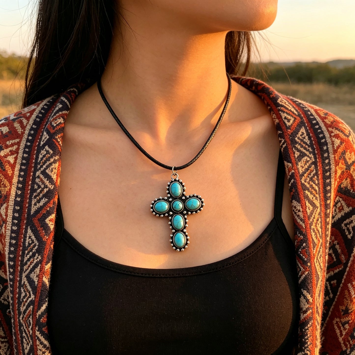 Retro Turquoise Cross Necklace