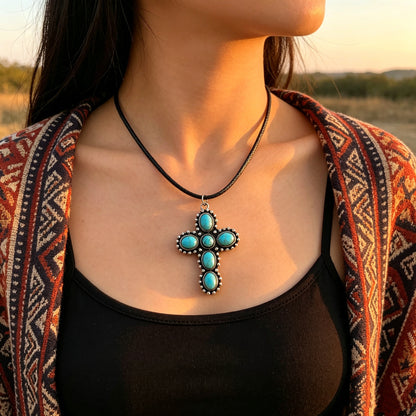 Retro Turquoise Cross Necklace