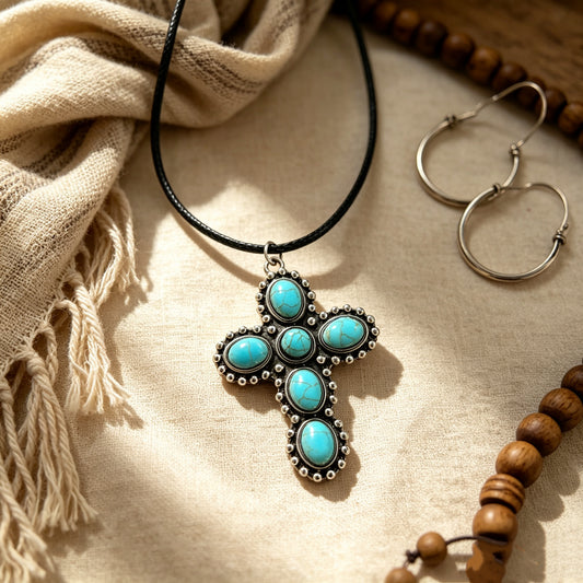Retro Turquoise Cross Necklace