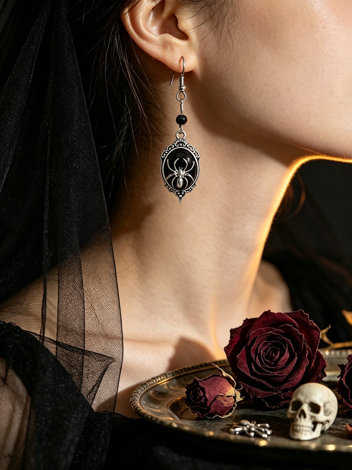 Retro Black Gemstone Spider Earrings