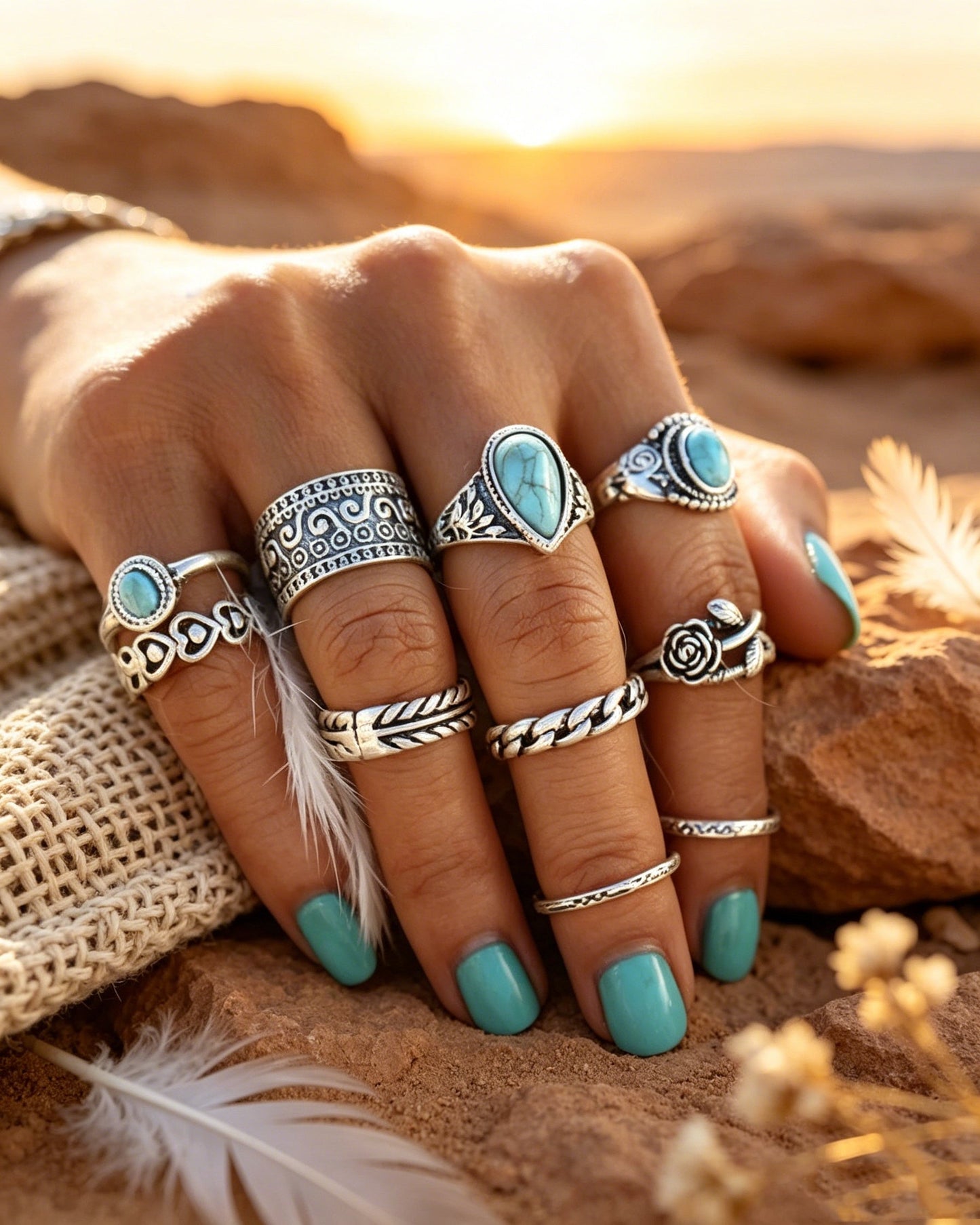 Totem Flower Turquoise 10-piece Jointed Combination Ring Set