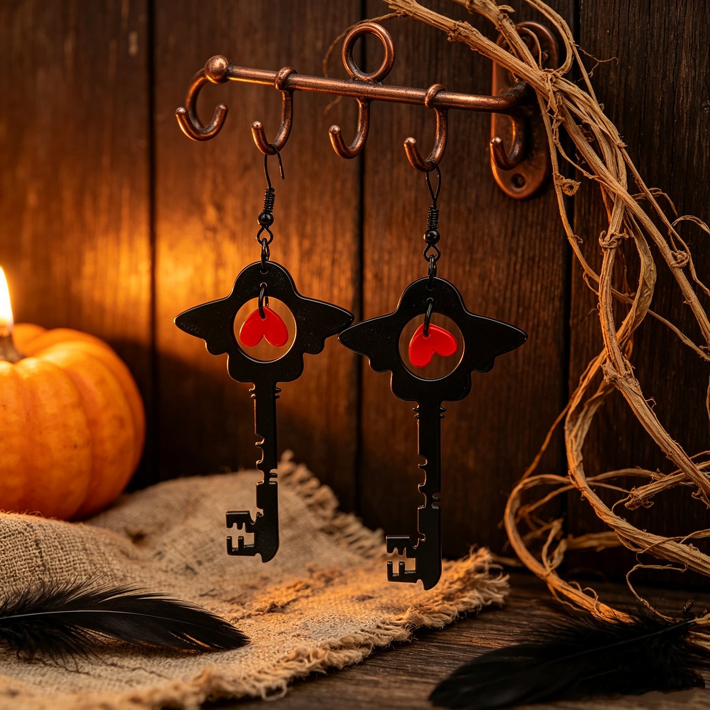 Red Heart Key Hollowed-out Acrylic Earrings