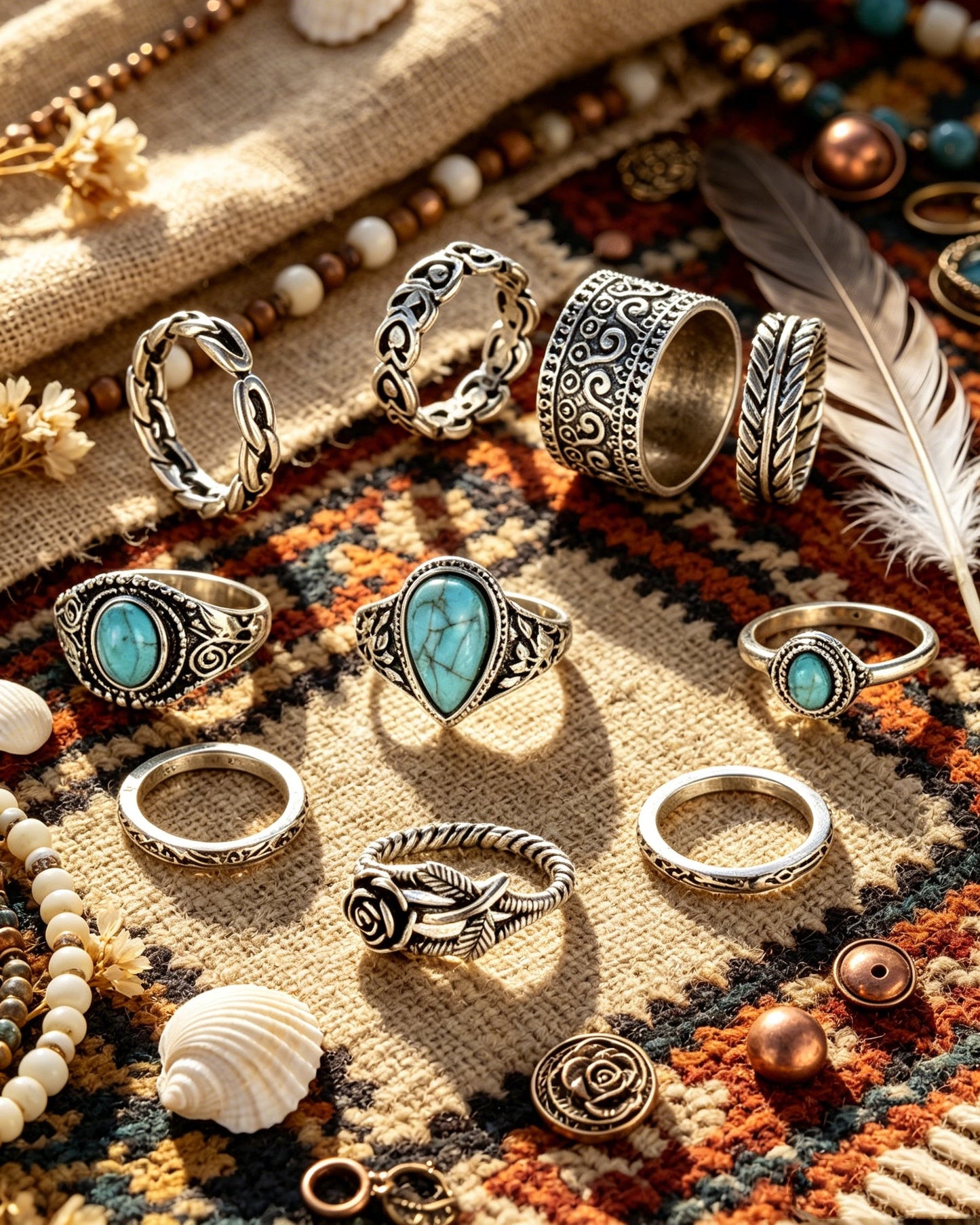 Totem Flower Turquoise 10-piece Jointed Combination Ring Set