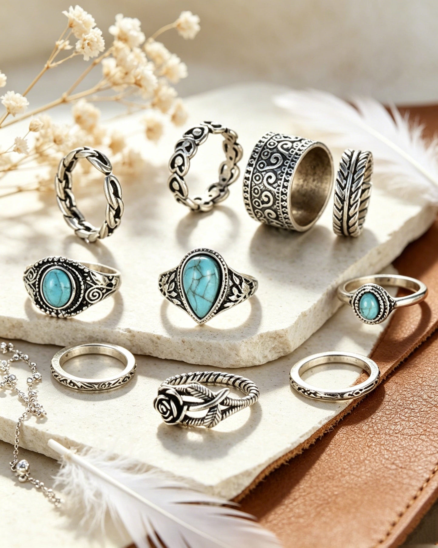 Totem Flower Turquoise 10-piece Jointed Combination Ring Set