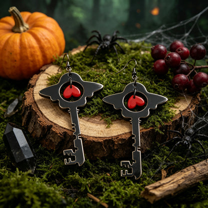 Red Heart Key Hollowed-out Acrylic Earrings