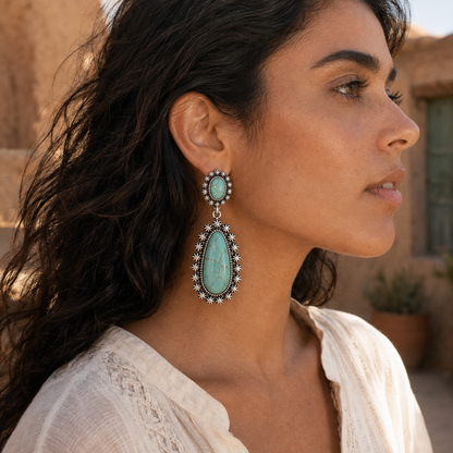 Exaggerated Water Drop 925 Ancient Silver Turquoise Earrings