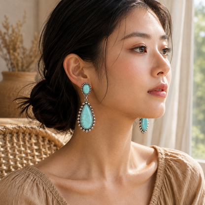 Exaggerated Water Drop 925 Ancient Silver Turquoise Earrings