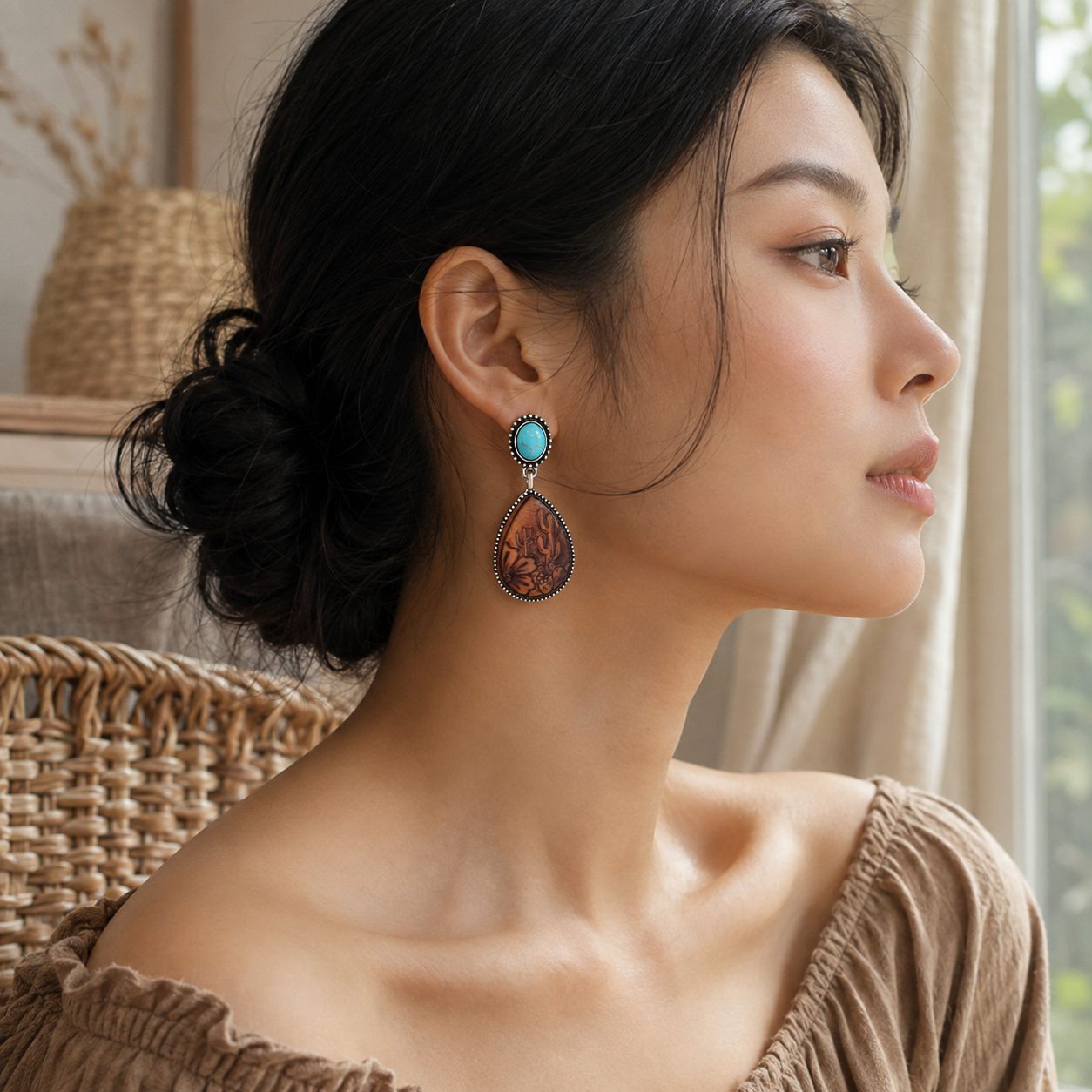 Boho Drop-shaped Brown Turquoise Earrings