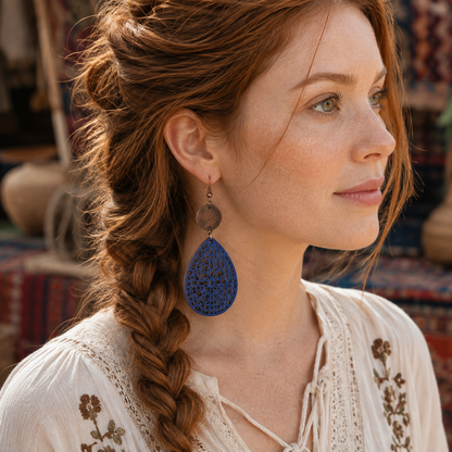 Retro Hollow Spider Web Wooden Pendant Earrings