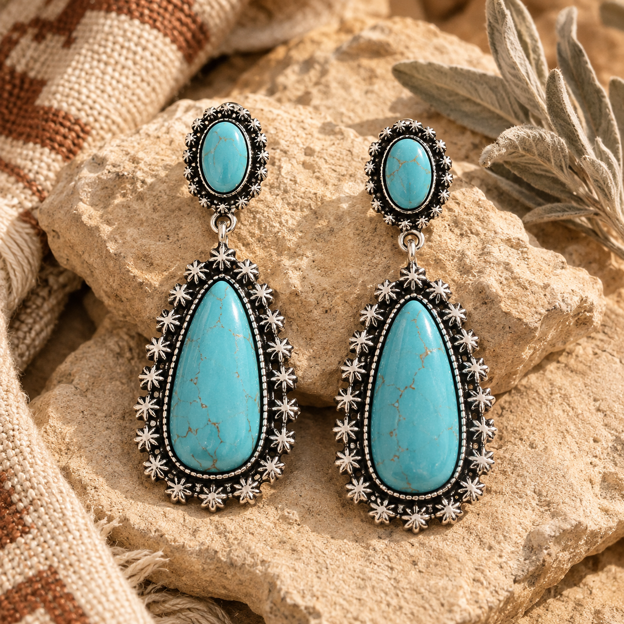 Exaggerated Water Drop 925 Ancient Silver Turquoise Earrings