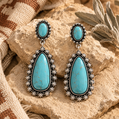 Exaggerated Water Drop 925 Ancient Silver Turquoise Earrings