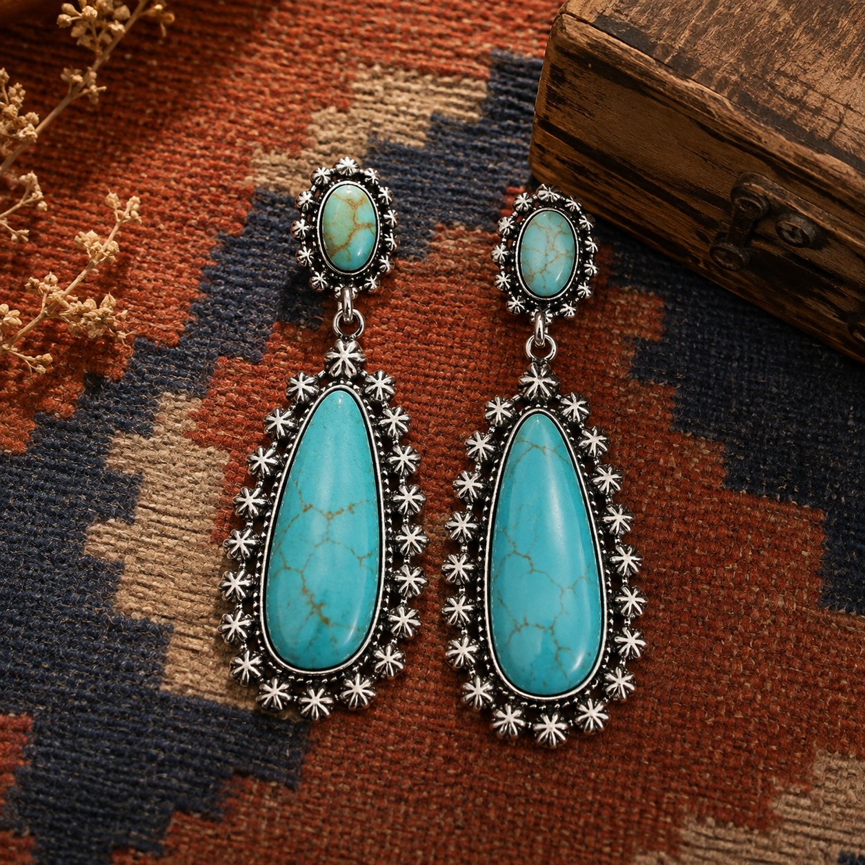 Exaggerated Water Drop 925 Ancient Silver Turquoise Earrings