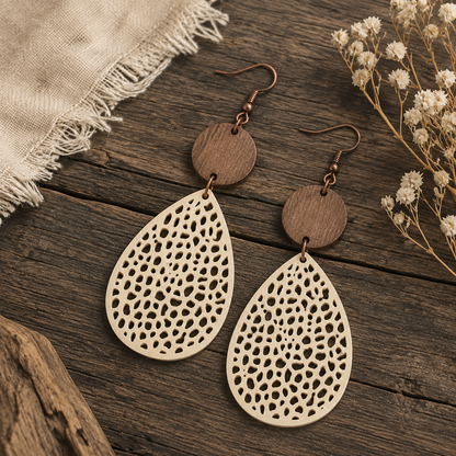 Retro Hollow Spider Web Wooden Pendant Earrings