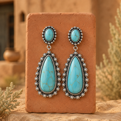 Exaggerated Water Drop 925 Ancient Silver Turquoise Earrings