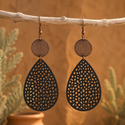 Retro Hollow Spider Web Wooden Pendant Earrings