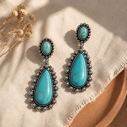 Exaggerated Water Drop 925 Ancient Silver Turquoise Earrings