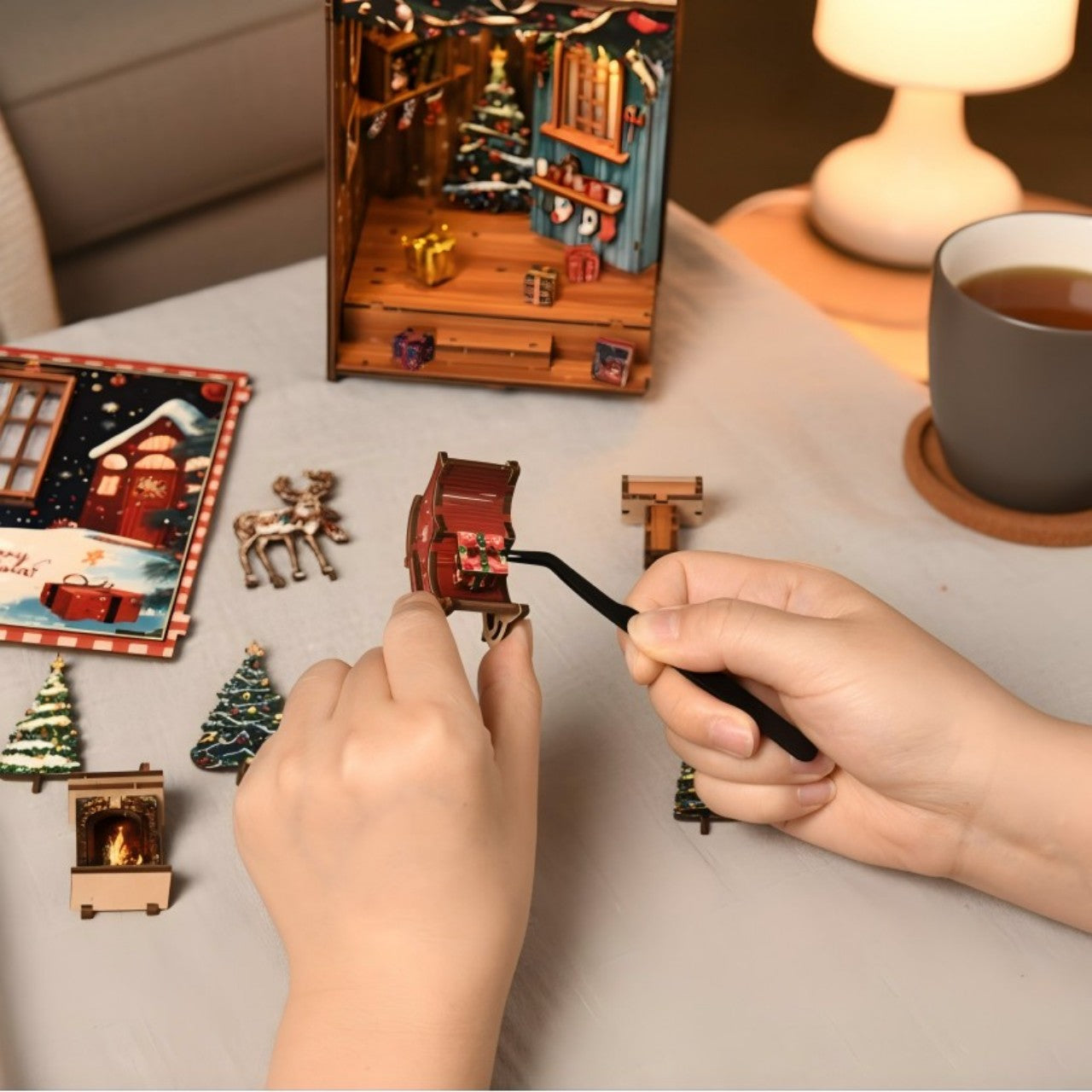 Christmas DIY Book Nook Kit | Wooden Miniature House Puzzle for Adults