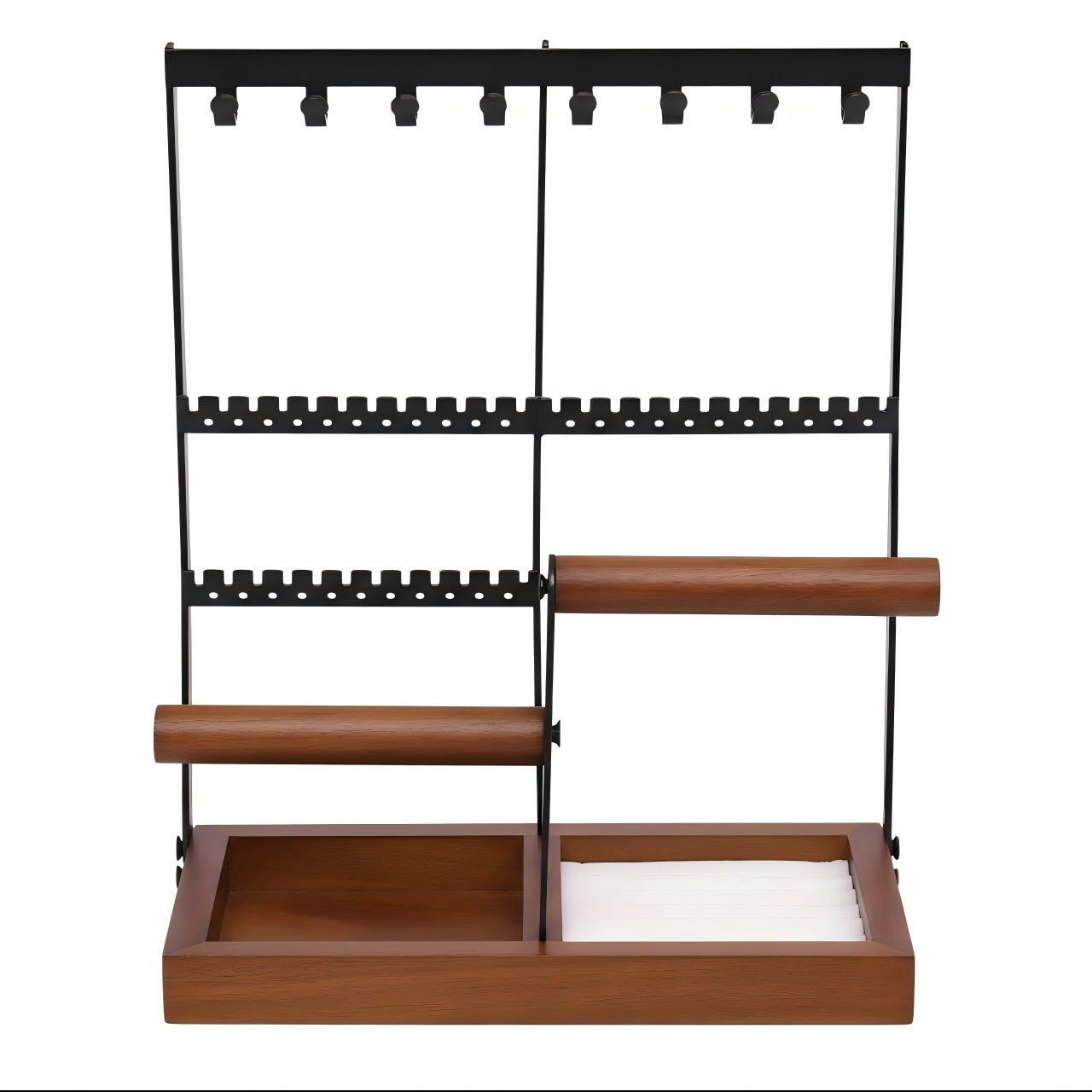 Wood & Metal Jewelry Organizer Stand with Hooks, Earring Holes, and Storage Slots for Necklaces, Bracelets, and Rings