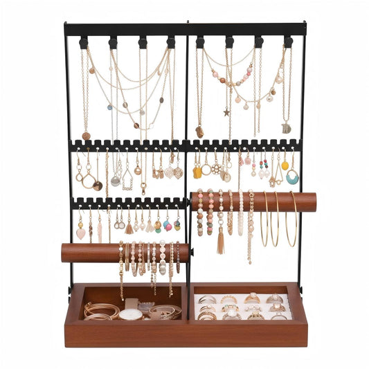 Wood & Metal Jewelry Organizer Stand with Hooks, Earring Holes, and Storage Slots for Necklaces, Bracelets, and Rings