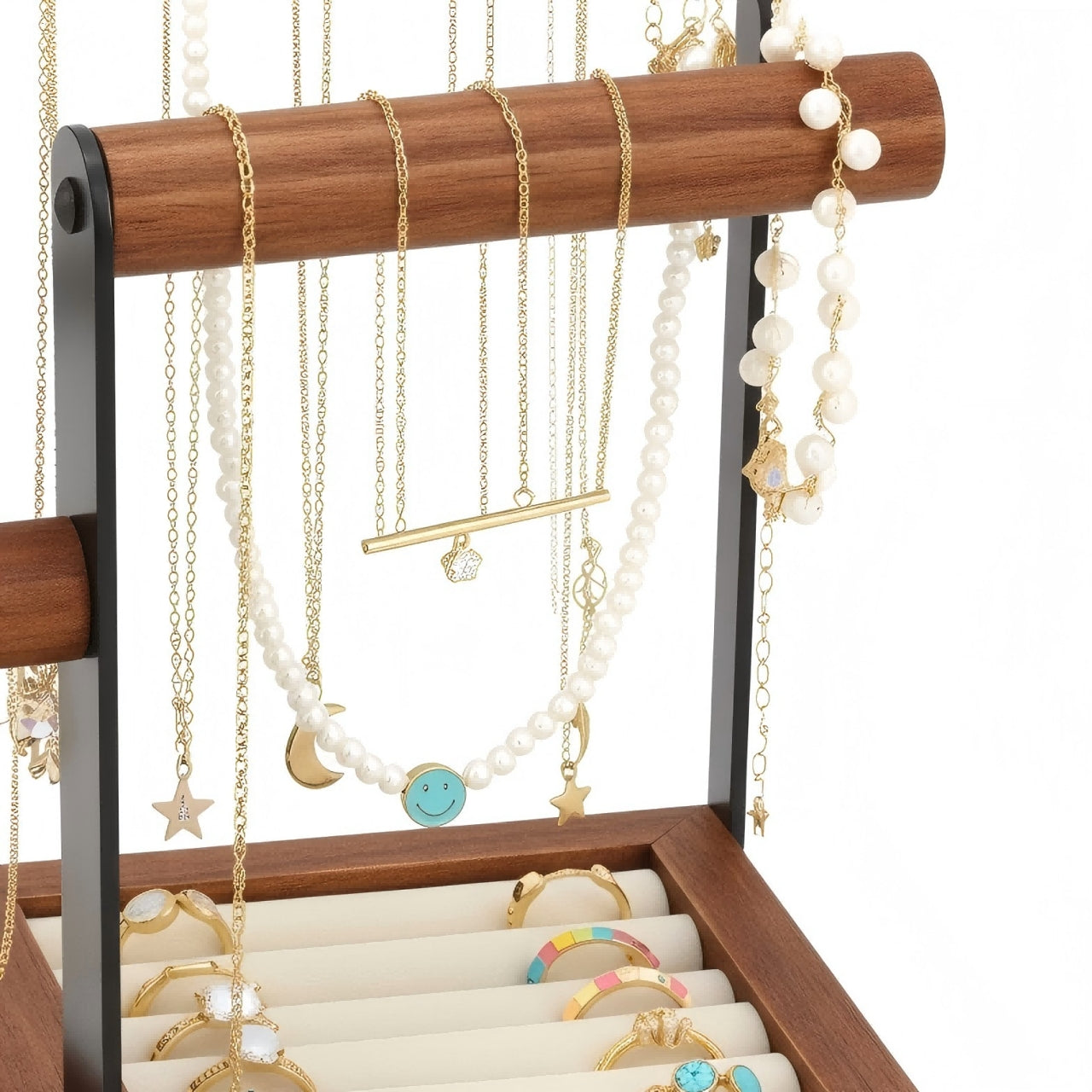Wood & Metal Jewelry Organizer Stand with Hooks, Earring Holes, and Storage Slots for Necklaces, Bracelets, and Rings