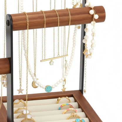 Wood & Metal Jewelry Organizer Stand with Hooks, Earring Holes, and Storage Slots for Necklaces, Bracelets, and Rings