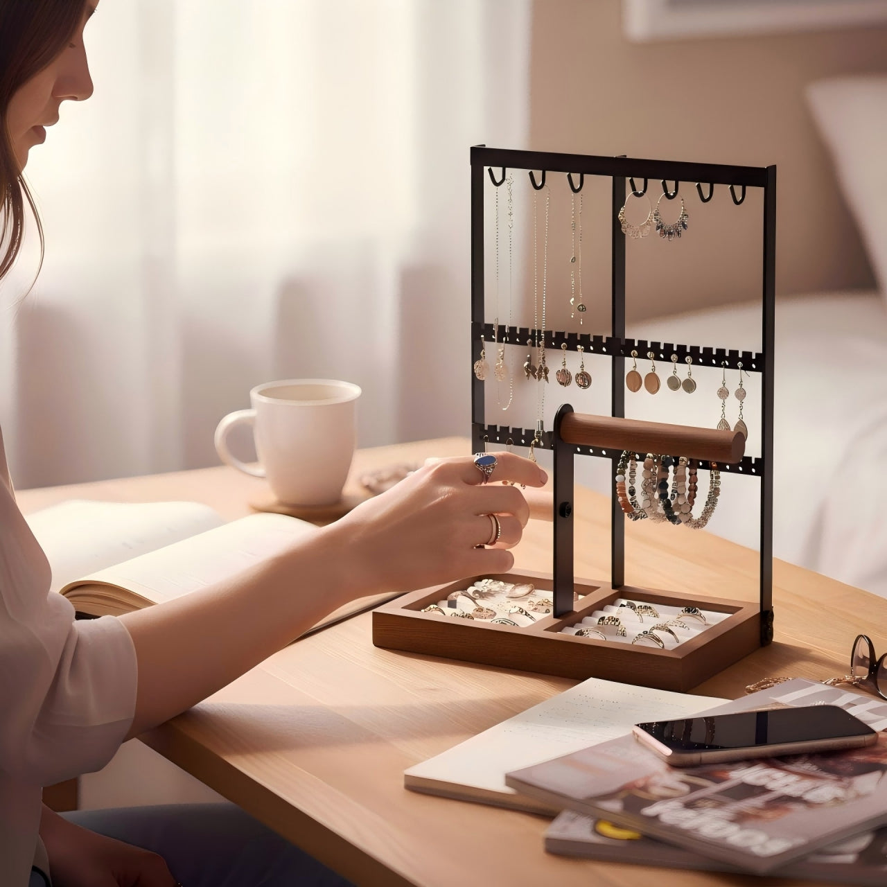 Wood & Metal Jewelry Organizer Stand with Hooks, Earring Holes, and Storage Slots for Necklaces, Bracelets, and Rings