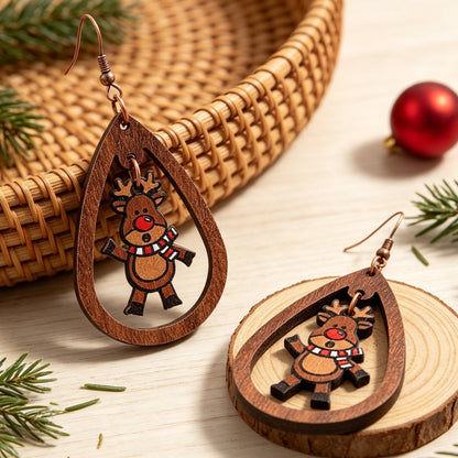 Cartoon Red-Nosed Little Deer Wooden Earrings