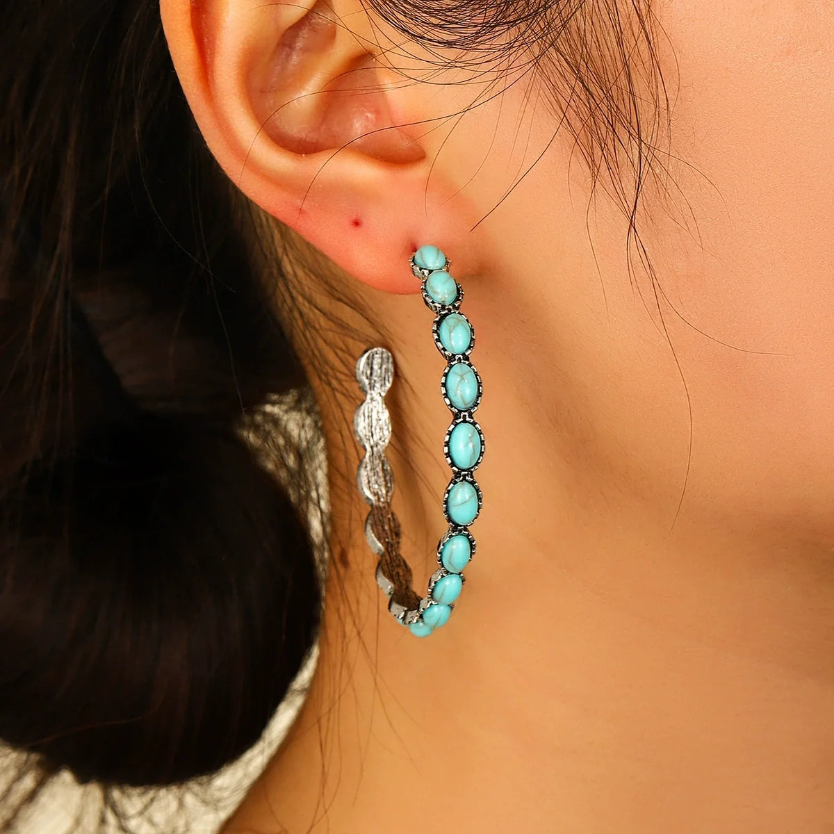 Large Circle C-Shaped Turquoise Earrings