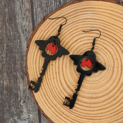 Red Heart Key Hollowed-out Acrylic Earrings