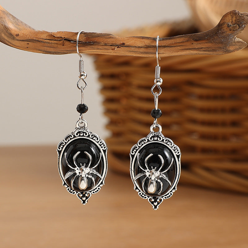 Retro Black Gemstone Spider Earrings