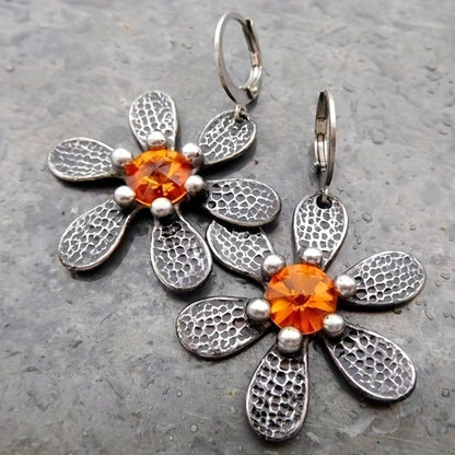 Silver Orange Flower Earrings