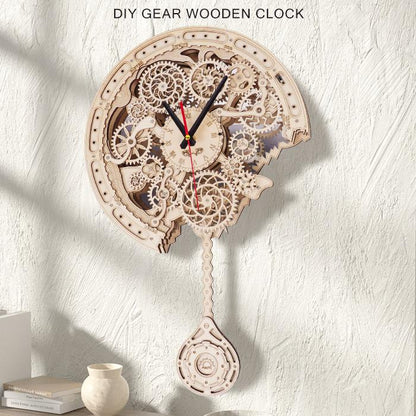 CHIESMA DIY Wooden Assembled Clock Model Gear Drive Structure Pendulum Hanging Clock