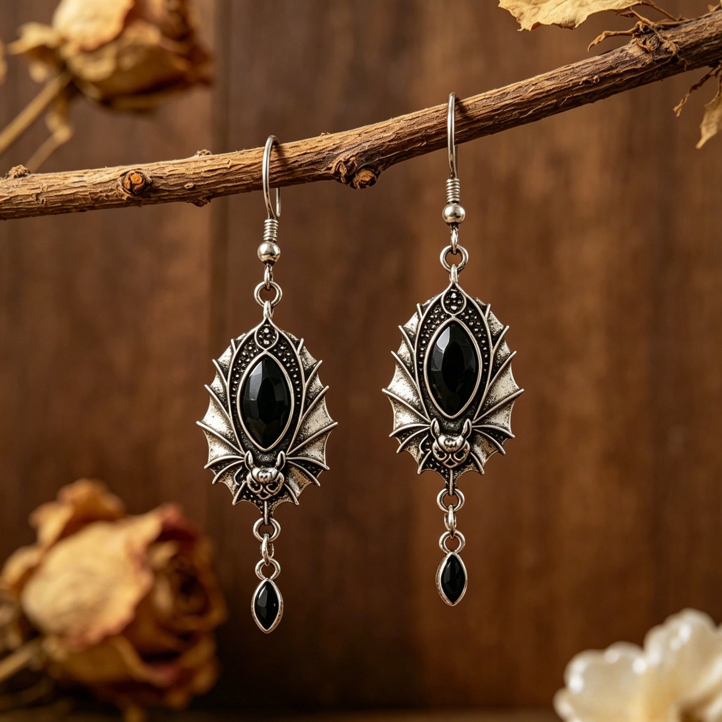 Black Crystal Bat Earrings