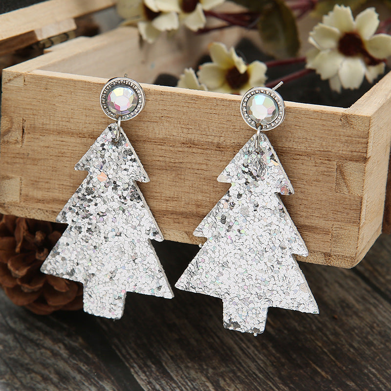 Personalized Sequined Christmas Tree Leather Earrings