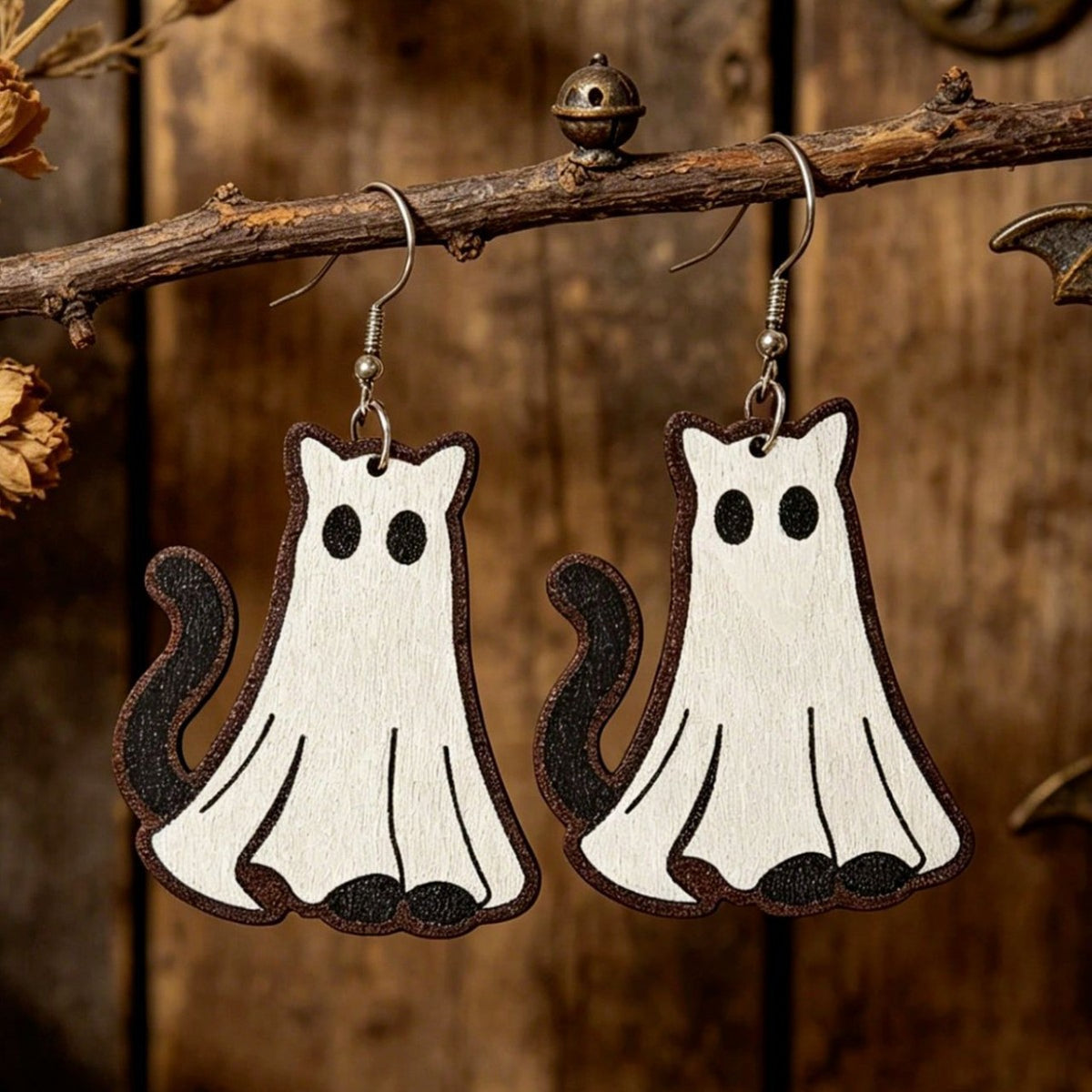 Halloween Ghost Cat Wooden Earrings