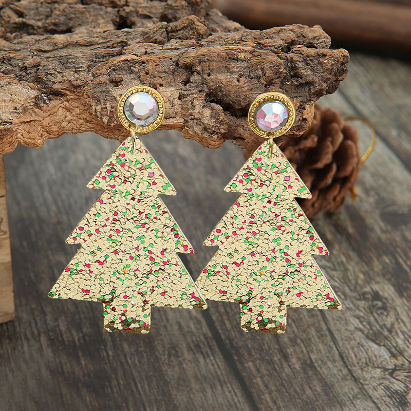 Personalized Sequined Christmas Tree Leather Earrings