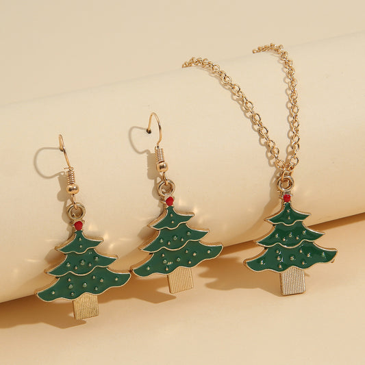 Cartoon Christmas Tree Bell Chain Necklace Earrings Set