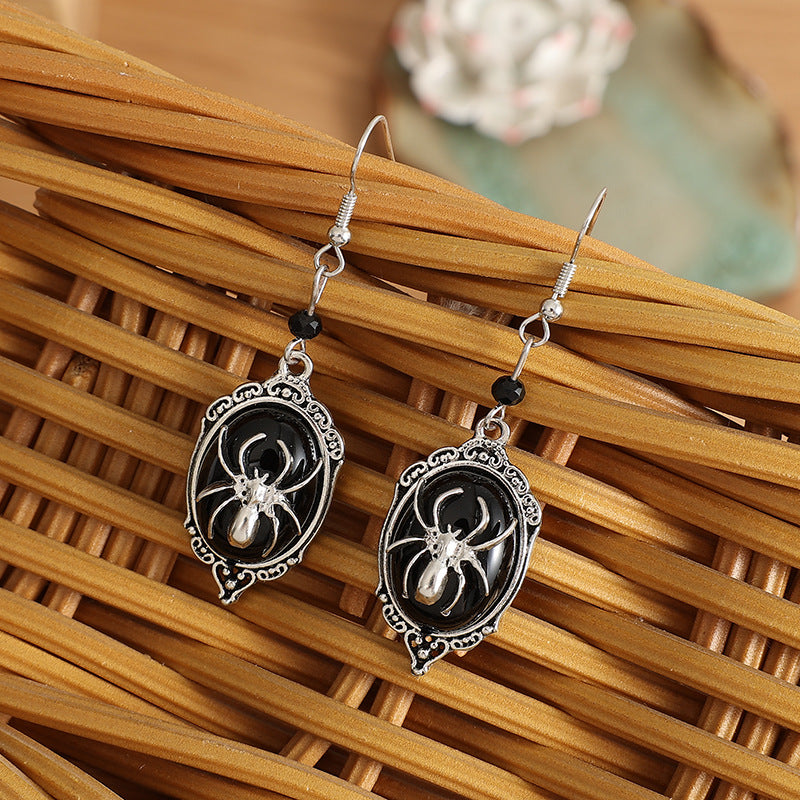 Retro Black Gemstone Spider Earrings