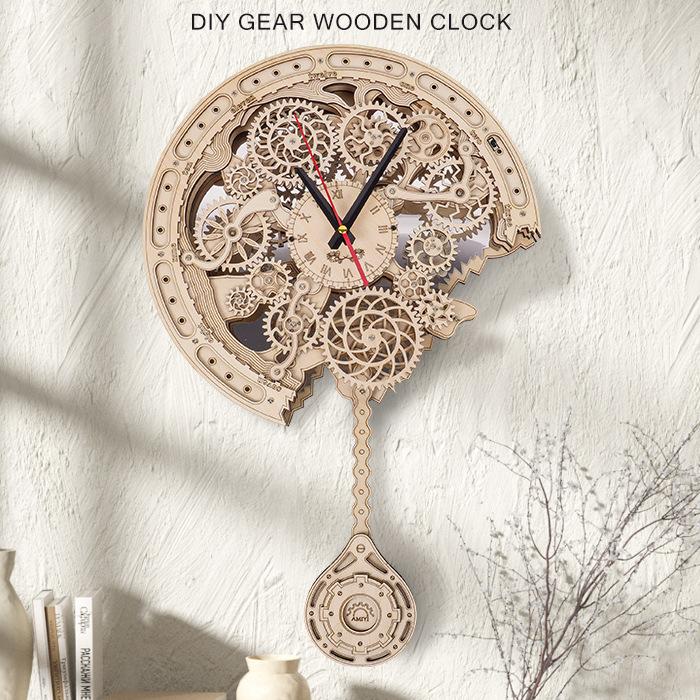 CHIESMA DIY Wooden Assembled Clock Model Gear Drive Structure Pendulum Hanging Clock