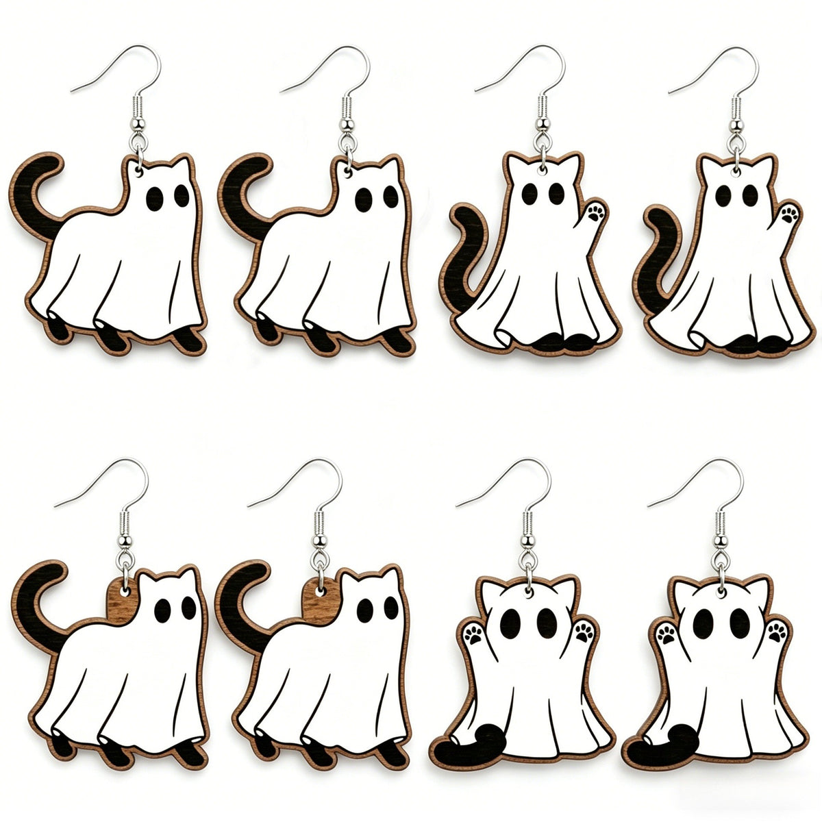 Halloween Ghost Cat Wooden Earrings