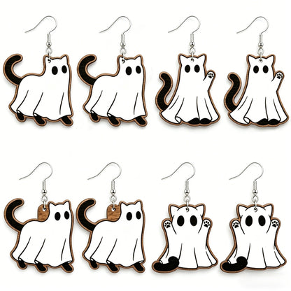 Halloween Ghost Cat Wooden Earrings