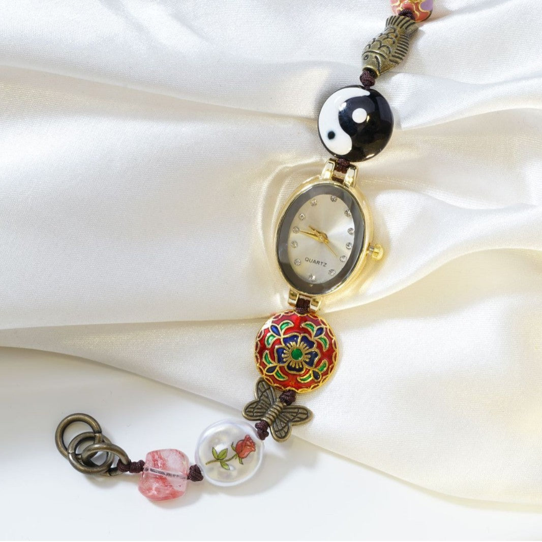 Retro Oval Enamel Bead Bracelet Watch