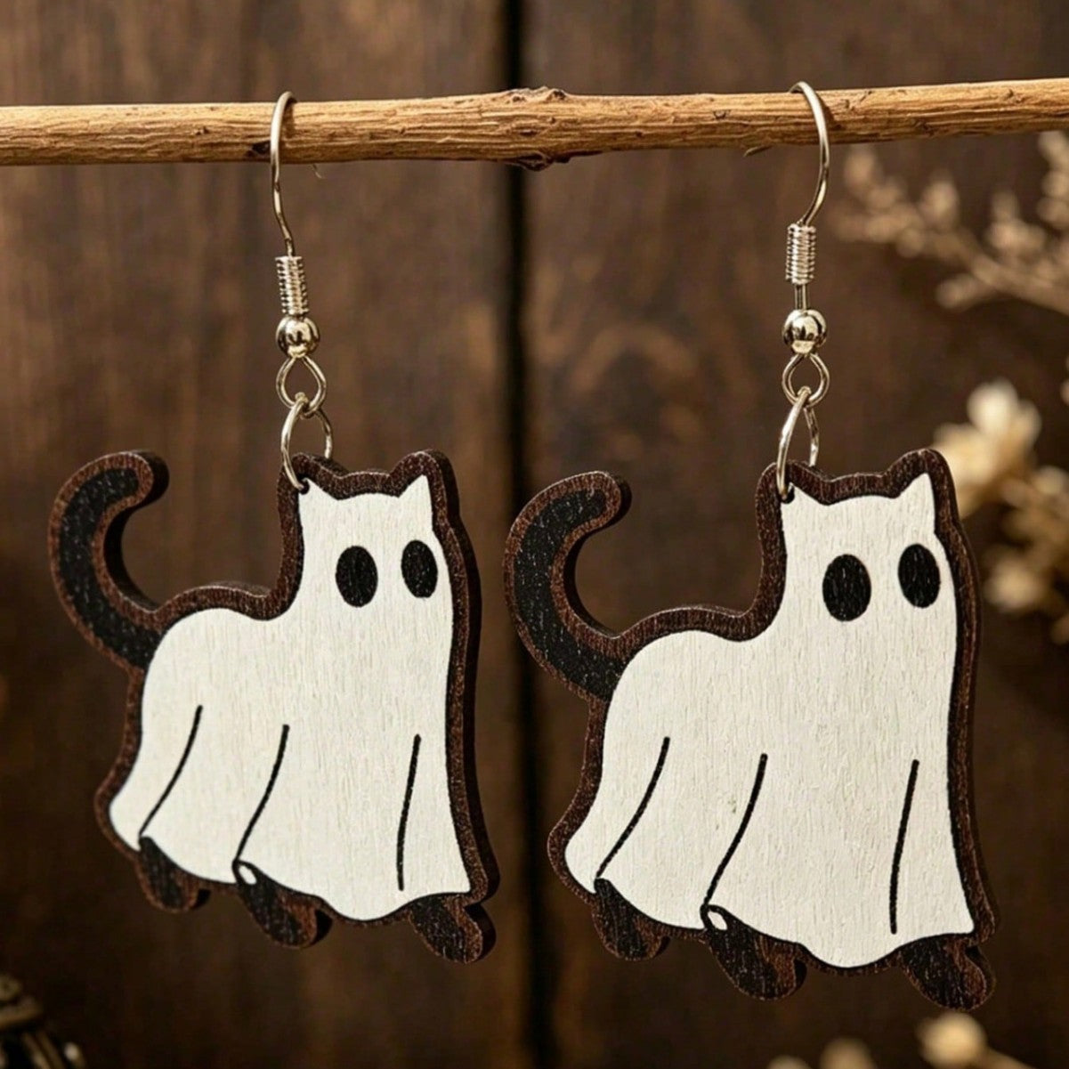 Halloween Ghost Cat Wooden Earrings