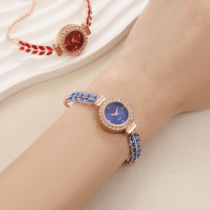 Diamond-encrusted Leaf-shaped Quartz Bracelet Watch